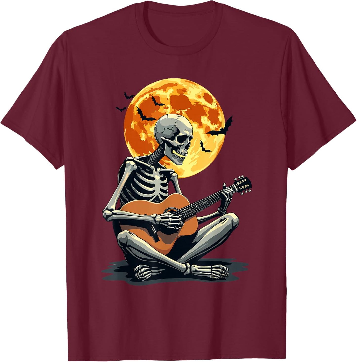 Skeleton Playing Guitar & Funny Halloween | Music & Moon T-Shirt - T-Shirt | Maroon