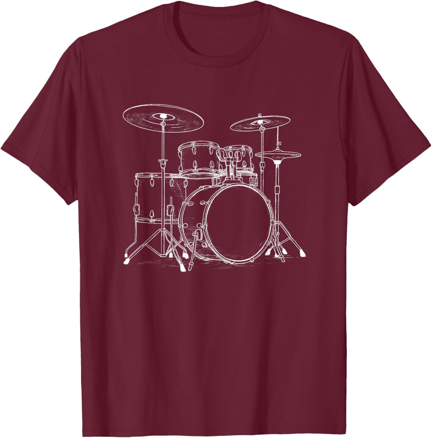 Vintage White Line Drum Set Art Retro Percussion Sketch T-Shirt - T-Shirt | Maroon