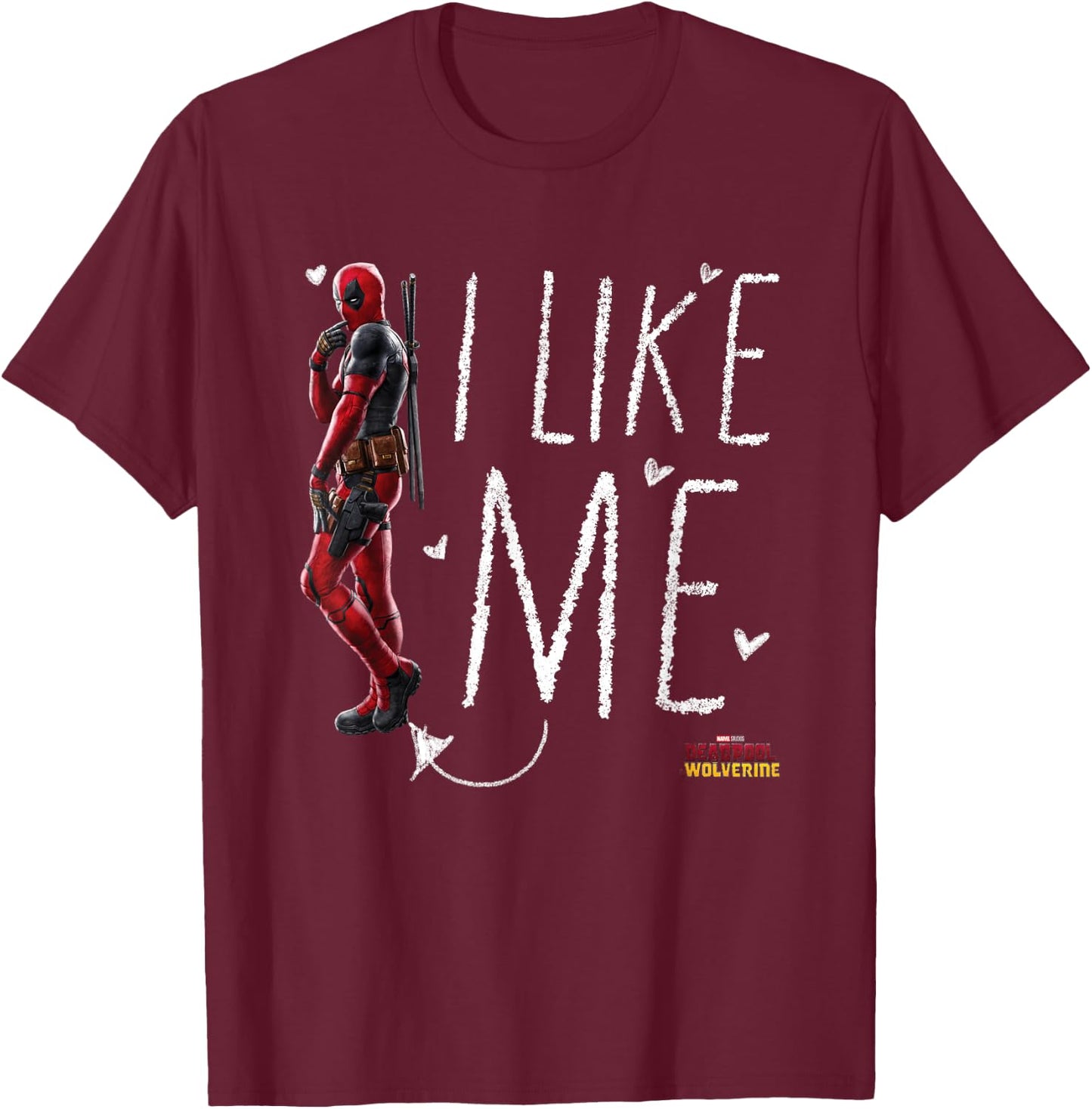 Marvel Deadpool & Wolverine I Like Me Doodle Portrait Logo T-Shirt - T-Shirt | Maroon