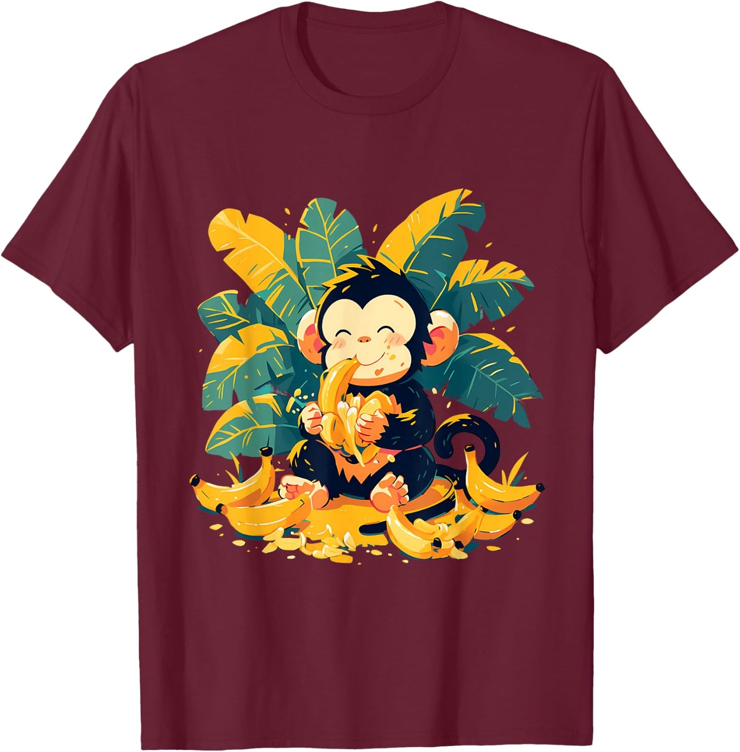 Banana Monkey Cute Monkey Nature Colourful Wildlife T-Shirt - T-Shirt | Maroon