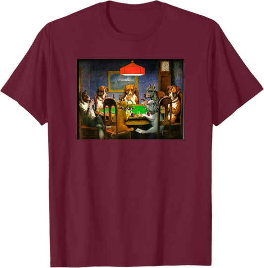 Retro Vintage Dogs Playing Cards Poker Gambling T-Shirt - T-Shirt | Maroon