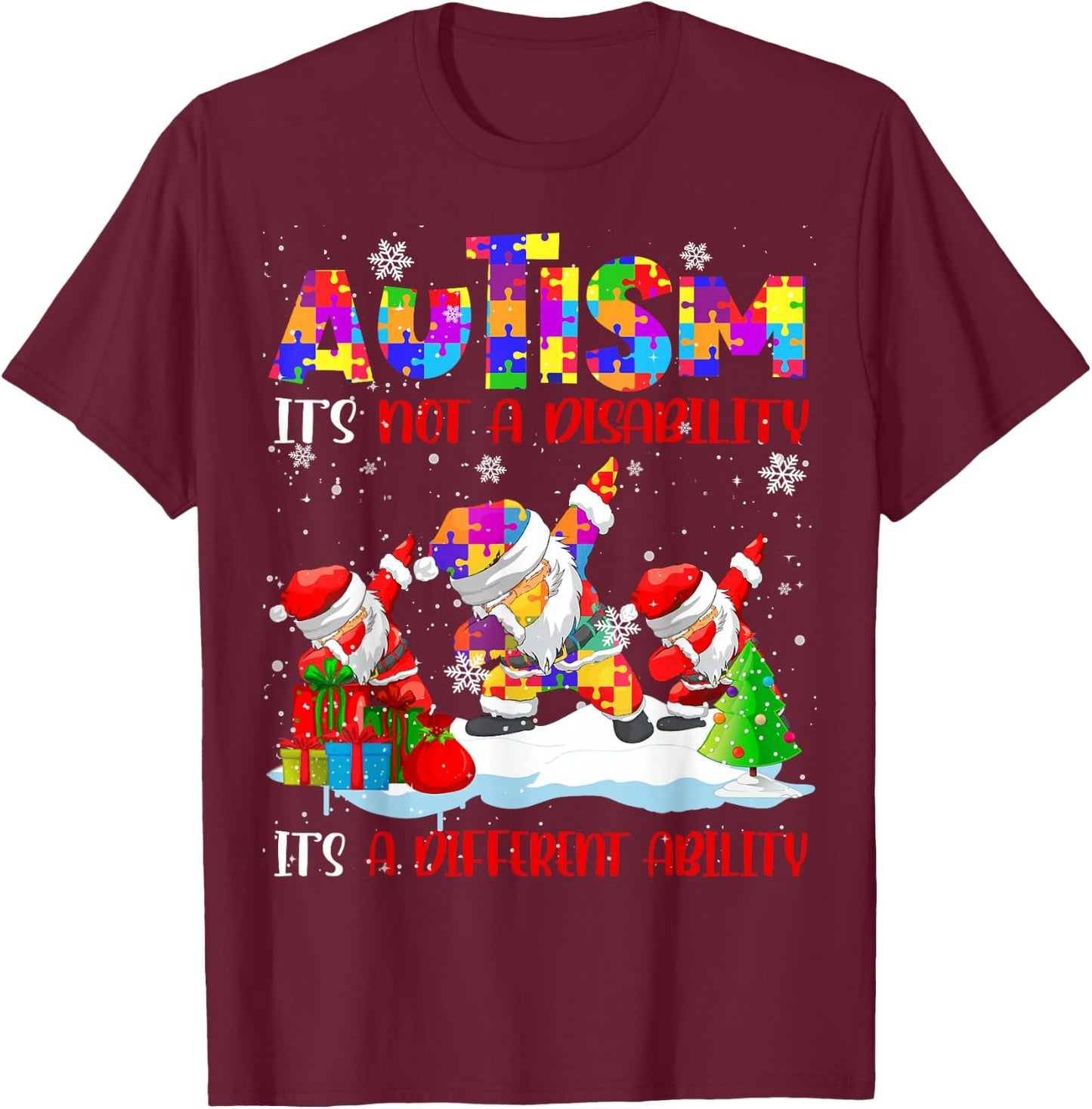 Autism It's Not A Disability Dabbing Santa Christmas Autism T-Shirt - T-Shirt | Maroon