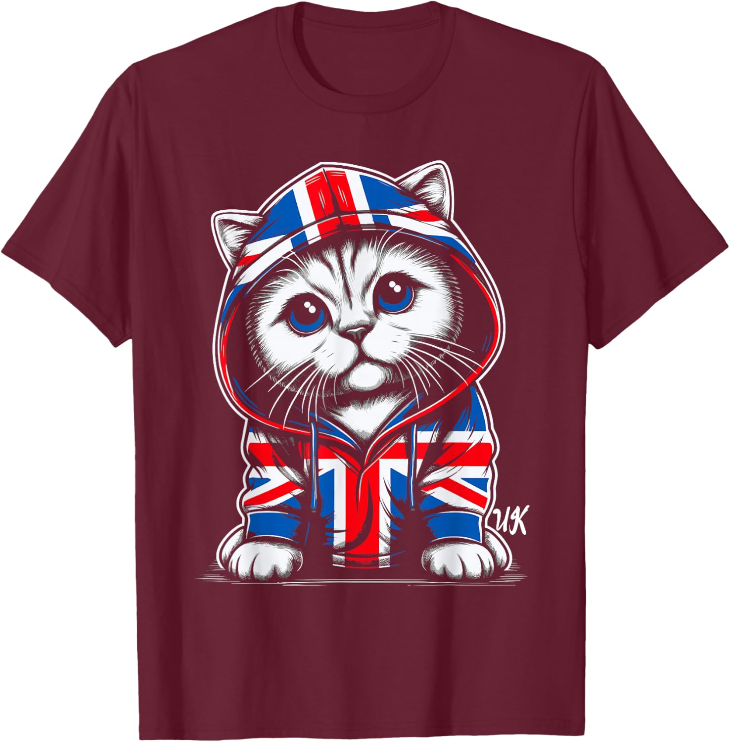 Cat UK British Flag England T-Shirt - T-Shirt | Maroon