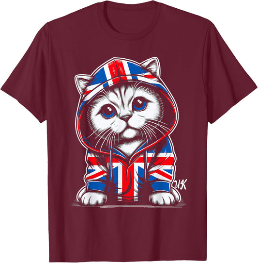 Cat UK British Flag England T-Shirt - T-Shirt | Maroon