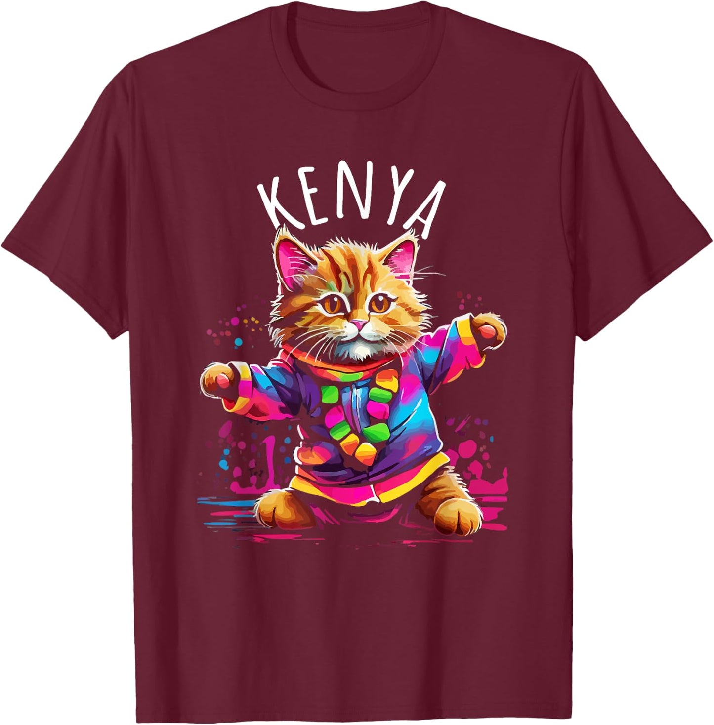 Kenya Quirky Funny Cute Colorful Dancing Cat Design T-Shirt - T-Shirt | Maroon