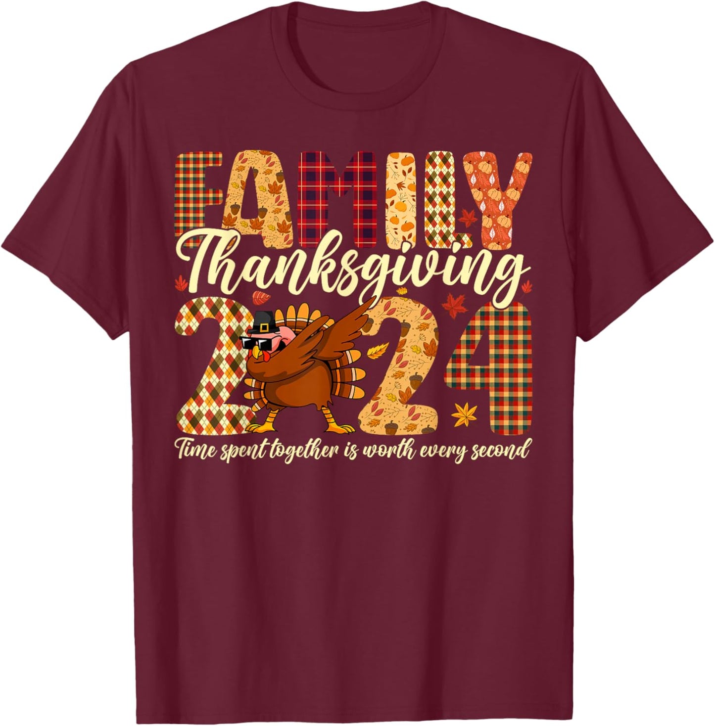 Family Thanksgiving 2024 Crew Dabbing Turkey Group Matching T-Shirt - T-Shirt | Maroon