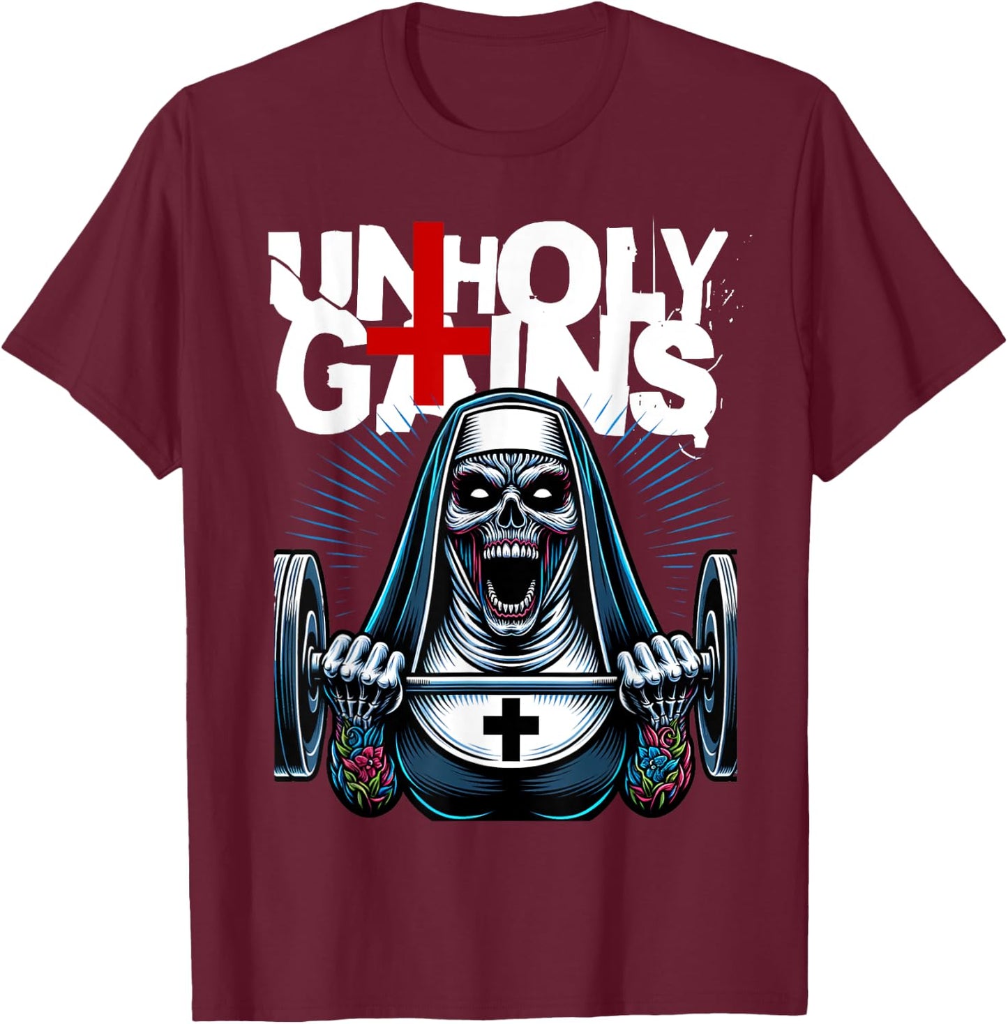 Unholy Gains Satanic Workout Devil Worship Nun Lifting T-Shirt - T-Shirt | Maroon