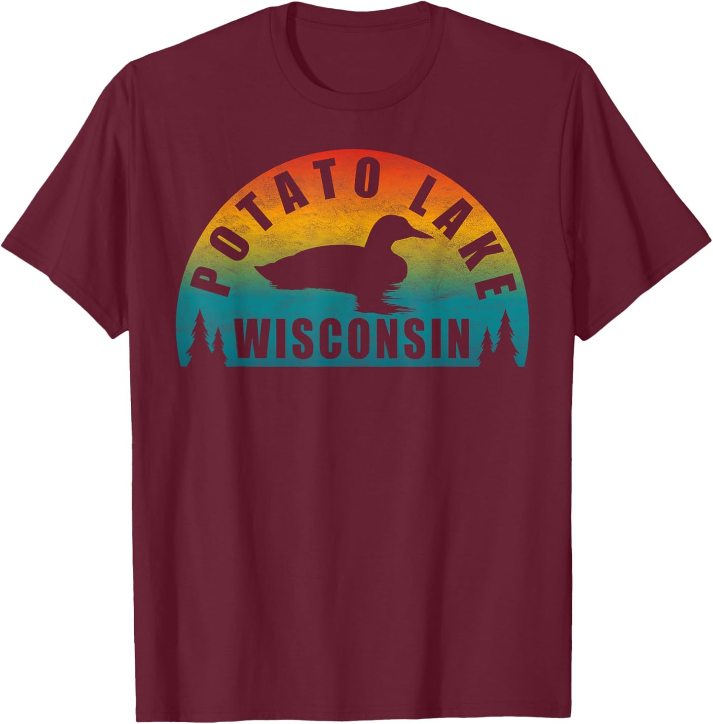 Potato Lake Northern Wisconsin Sunset Loon T-Shirt - T-Shirt | Maroon