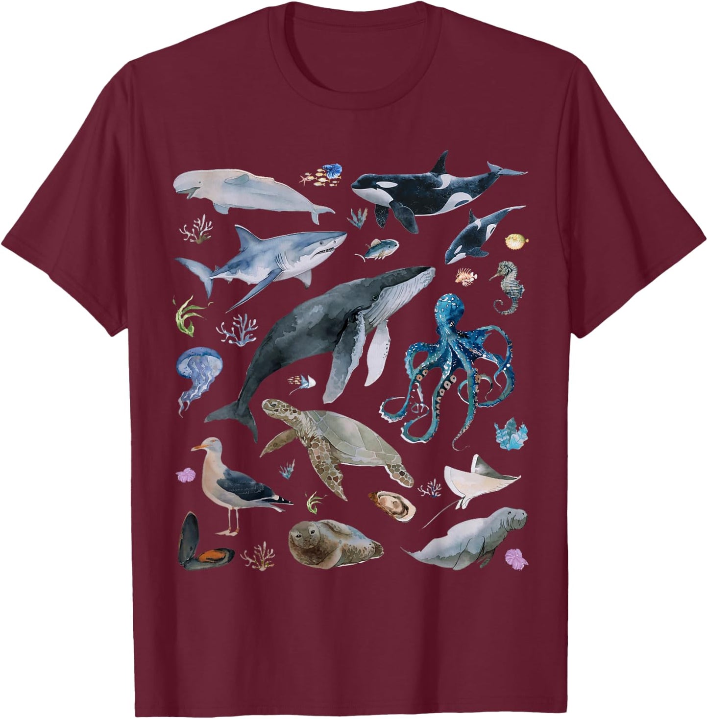 Vintage Ocean Animal Wildlife Shark Turtle Octopus Fish T-Shirt - T-Shirt | Maroon