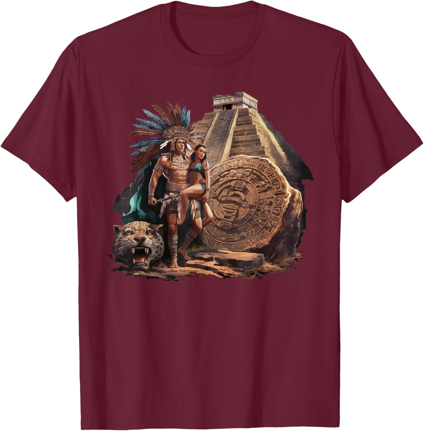 Aztec Warrior Mayan Indigenous Mexican Aztec Jaguar T-Shirt - T-Shirt | Maroon