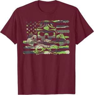 Biker Camo US Flag Skull Pistons Motorcycle Men Boys Kids T-Shirt - T-Shirt | Maroon