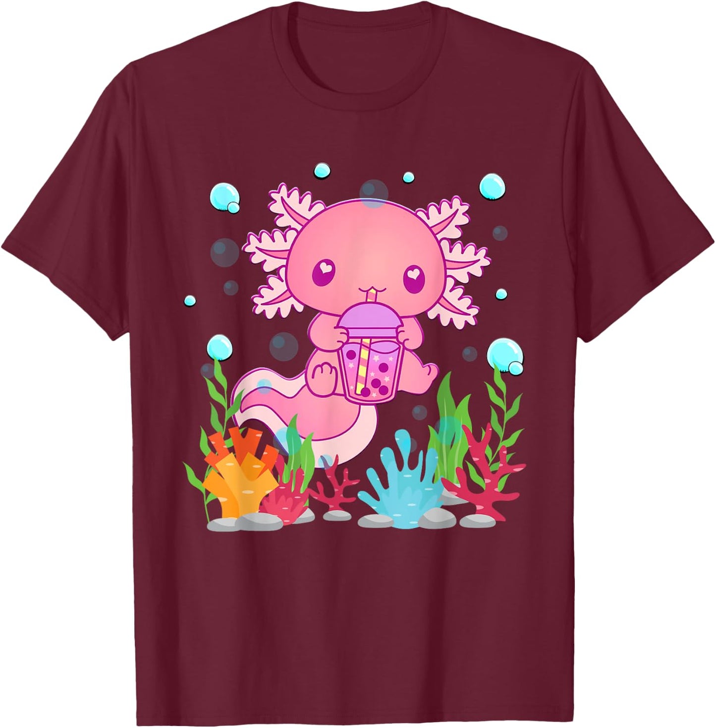 Cute Axolotl Boba Tea Kawaii Anime Teen Girls Kids Boys T-Shirt - T-Shirt | Maroon