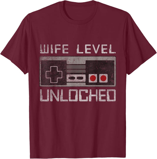 Women Bride Honeymoon Just Married Gamer Wife Level Unlocked T-Shirt - T-Shirt | Maroon