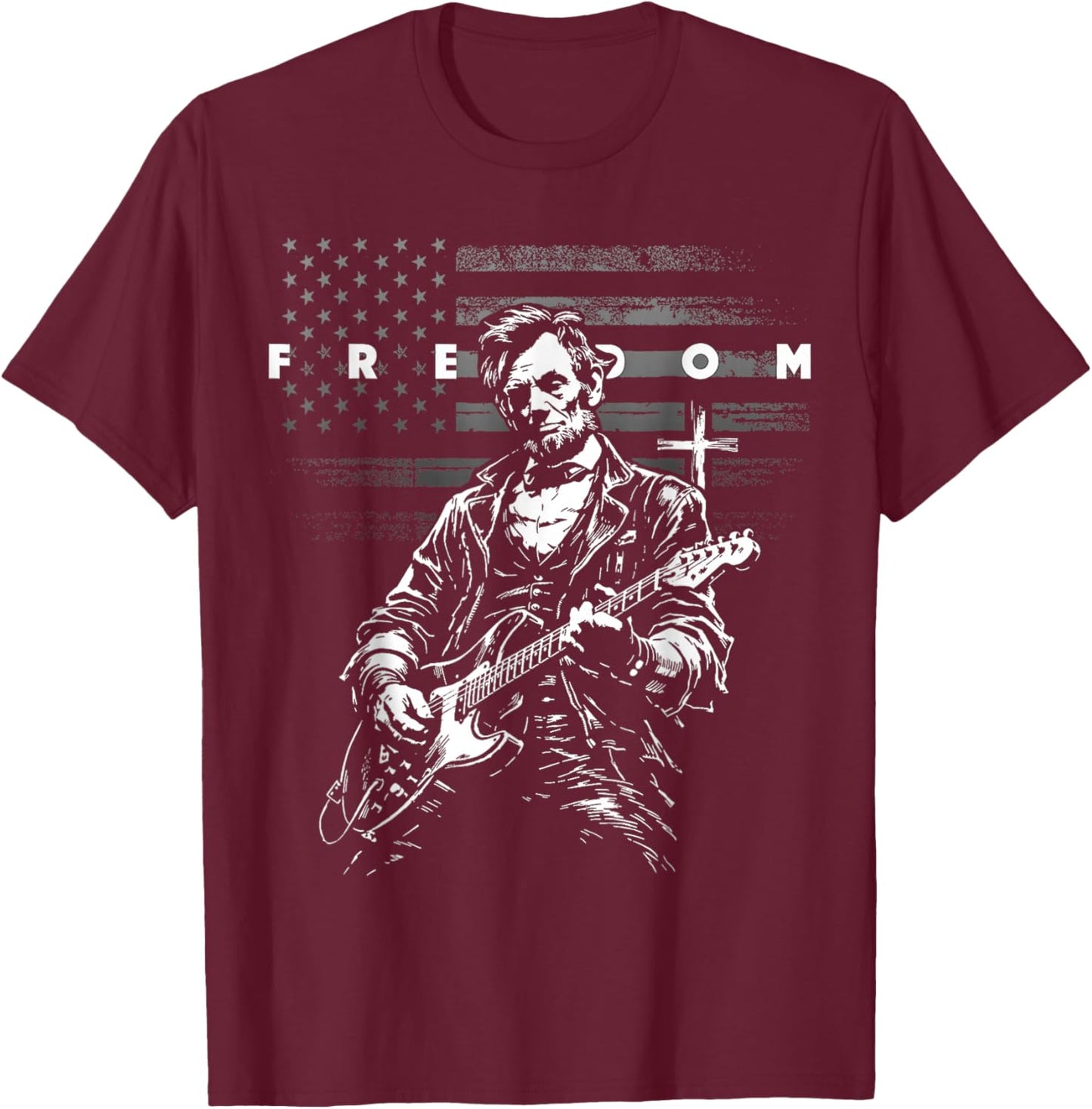 American Flag and Cross Faith Freedom Abe Lincoln Guitar T-Shirt - T-Shirt | Maroon