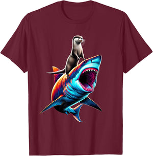 Funny Otter Riding Shark Otter Lover T-Shirt - T-Shirt | Maroon