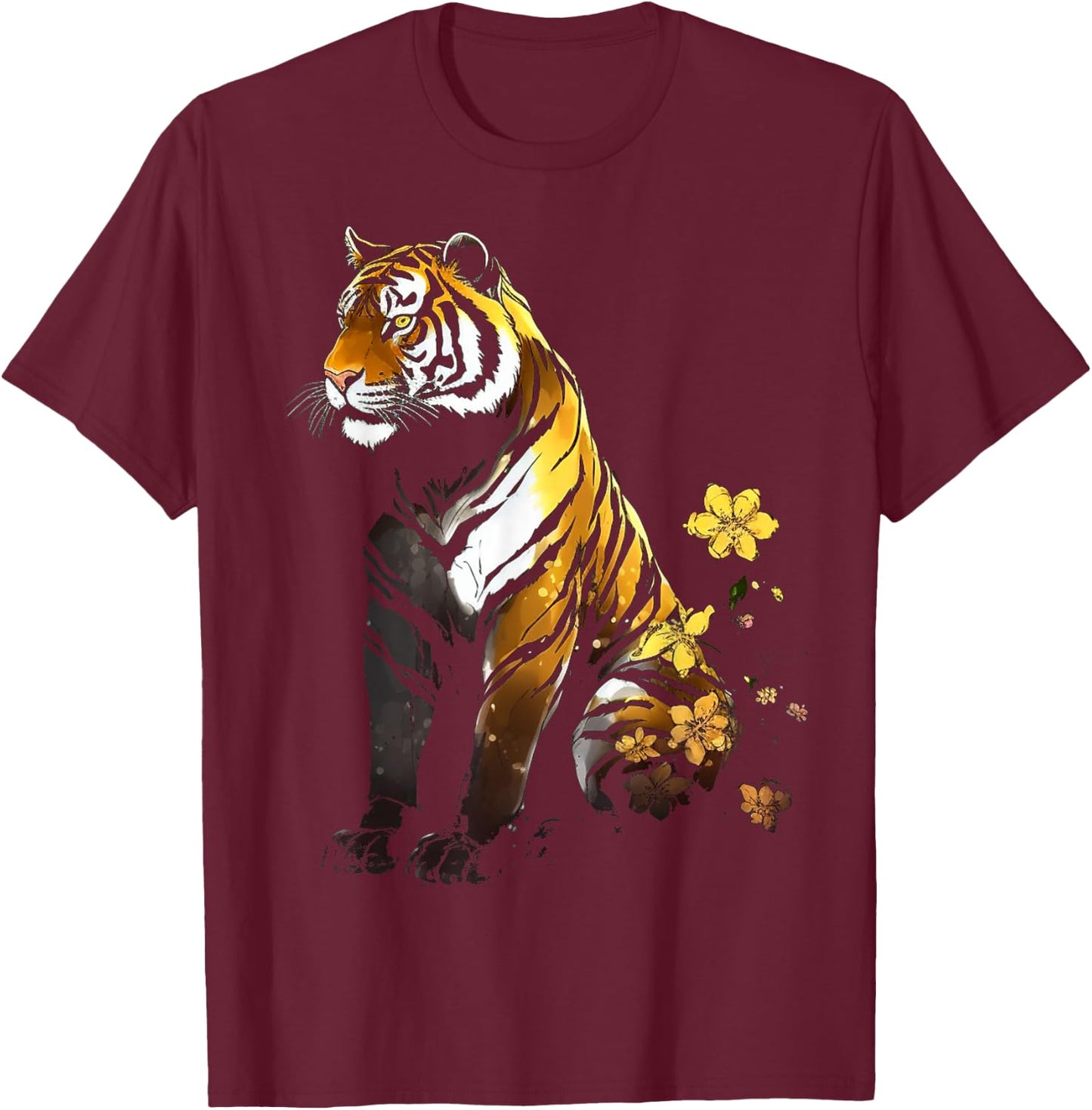 Tiger Artwork Flowers - Animal Art Tiger T-Shirt - T-Shirt | Maroon