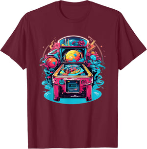 Vibrant Cosmic Pinball Machine Adventure T-Shirt - T-Shirt | Maroon