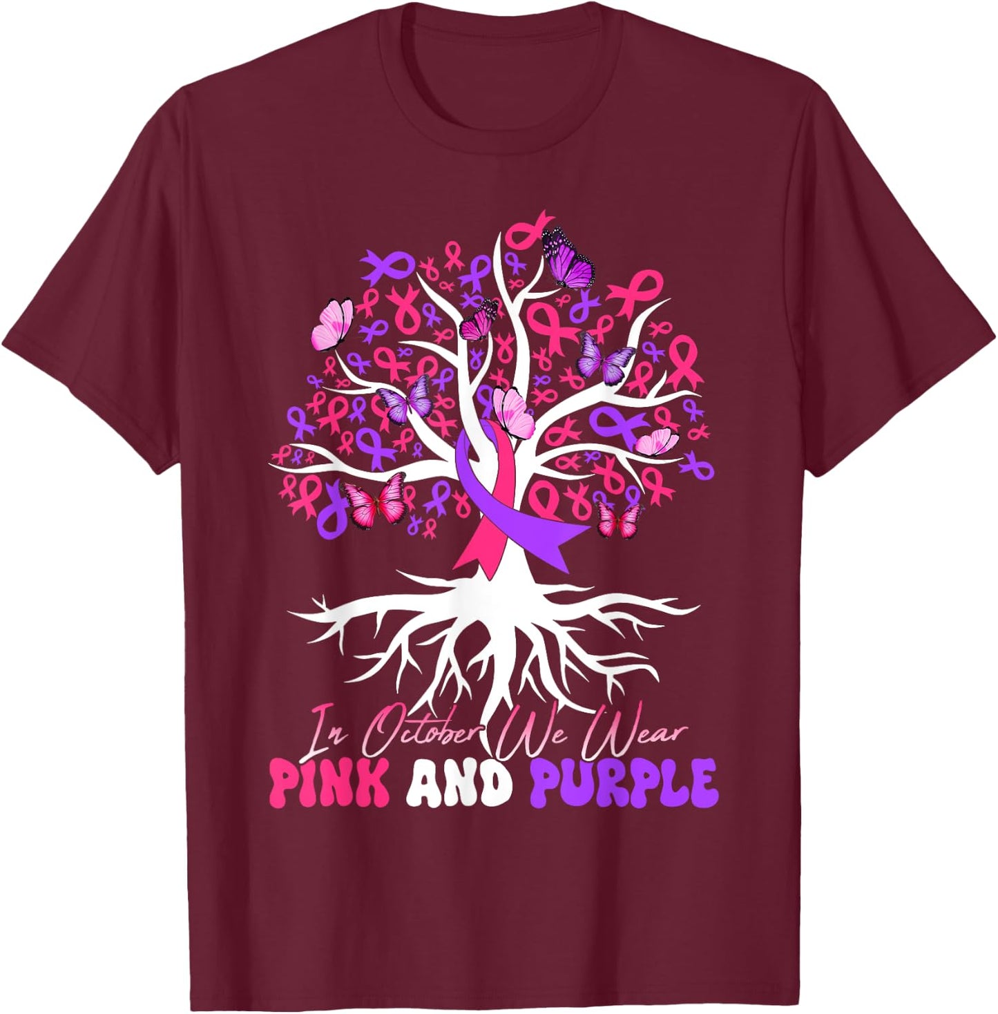 Domestic Violence Breast Cancer Awareness Month Ribbon Tree T-Shirt - T-Shirt | Maroon