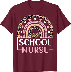 Funny School Nurse Rainbow Leopard Print Nurse T-Shirt - T-Shirt | Maroon