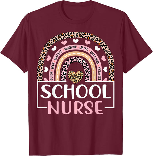 Funny School Nurse Rainbow Leopard Print Nurse T-Shirt - T-Shirt | Maroon