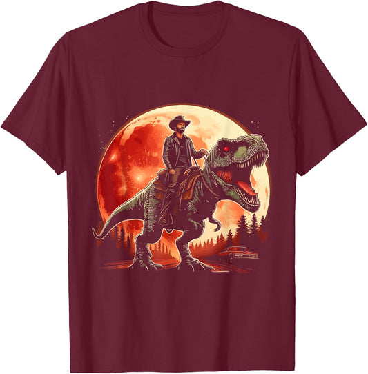 Cowboy Riding Dinosaur T Rex T-Shirt - T-Shirt | Maroon