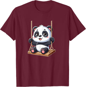Cute Panda on Swing Playground Fun T-Shirt - T-Shirt | Maroon