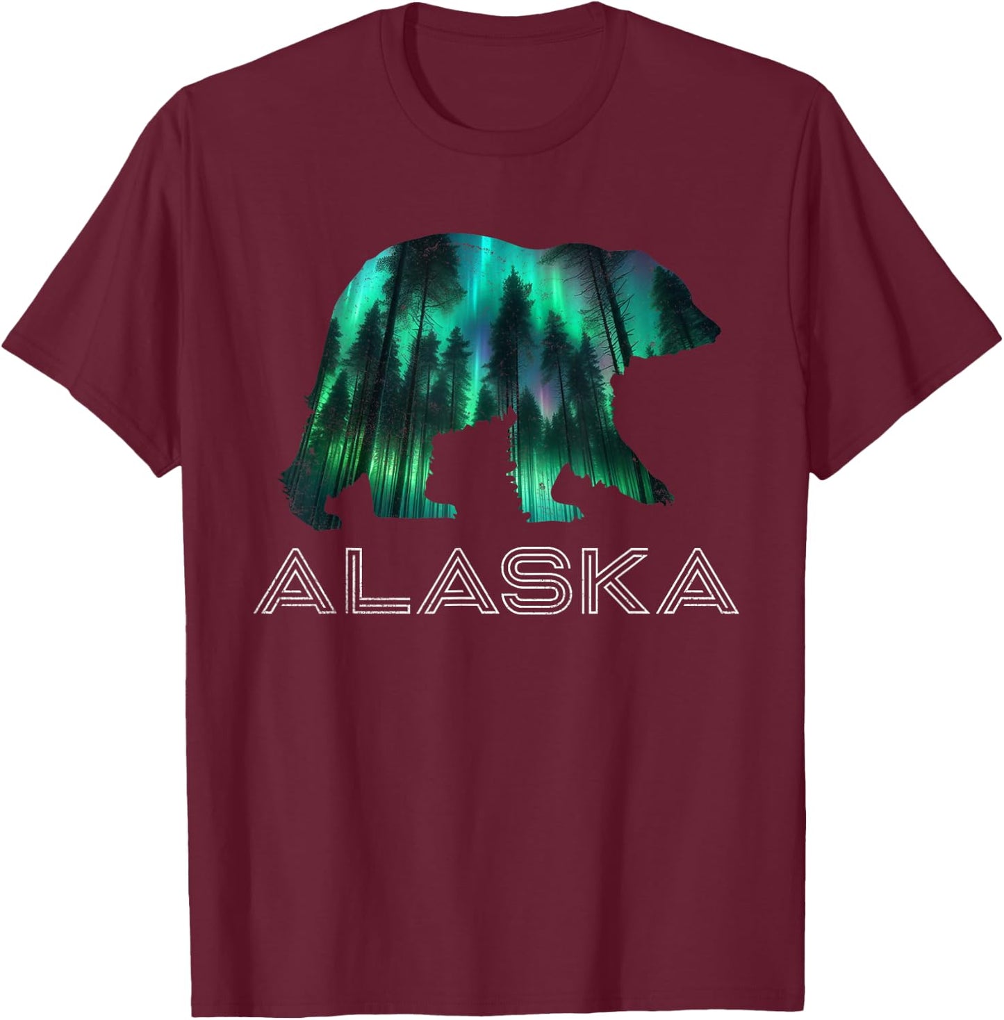 Alaskan Grizzly Bear Alaska Northern Lights Souvenir T-Shirt - T-Shirt | Maroon