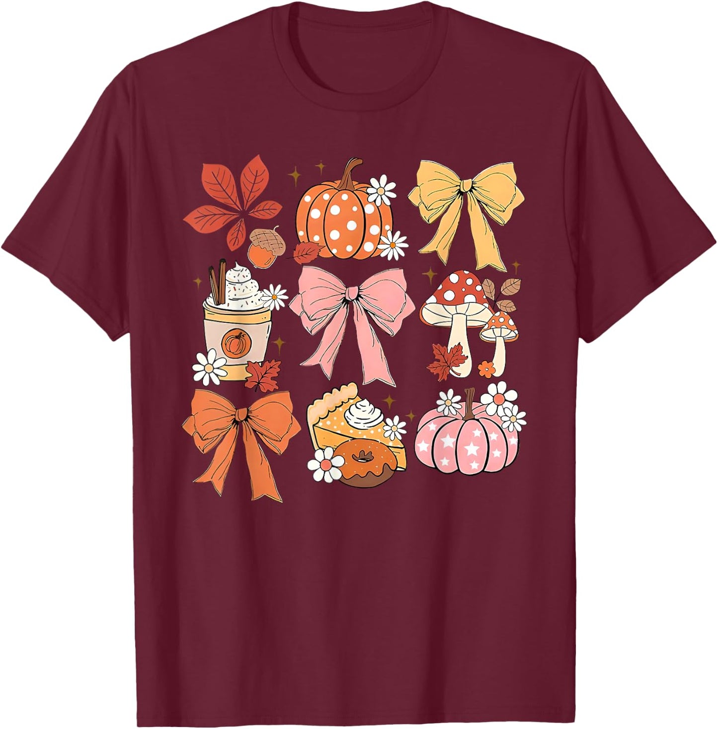 Coquette Bow Pumpkin Season Thanksgiving Autumn Fall Leaves T-Shirt - T-Shirt | Maroon