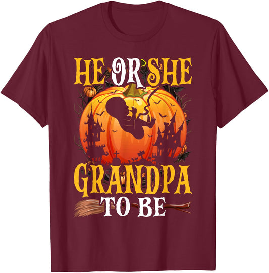 Halloween Gender Reveal He or She Grandpa To Be Pumpkin T-Shirt - T-Shirt | Maroon