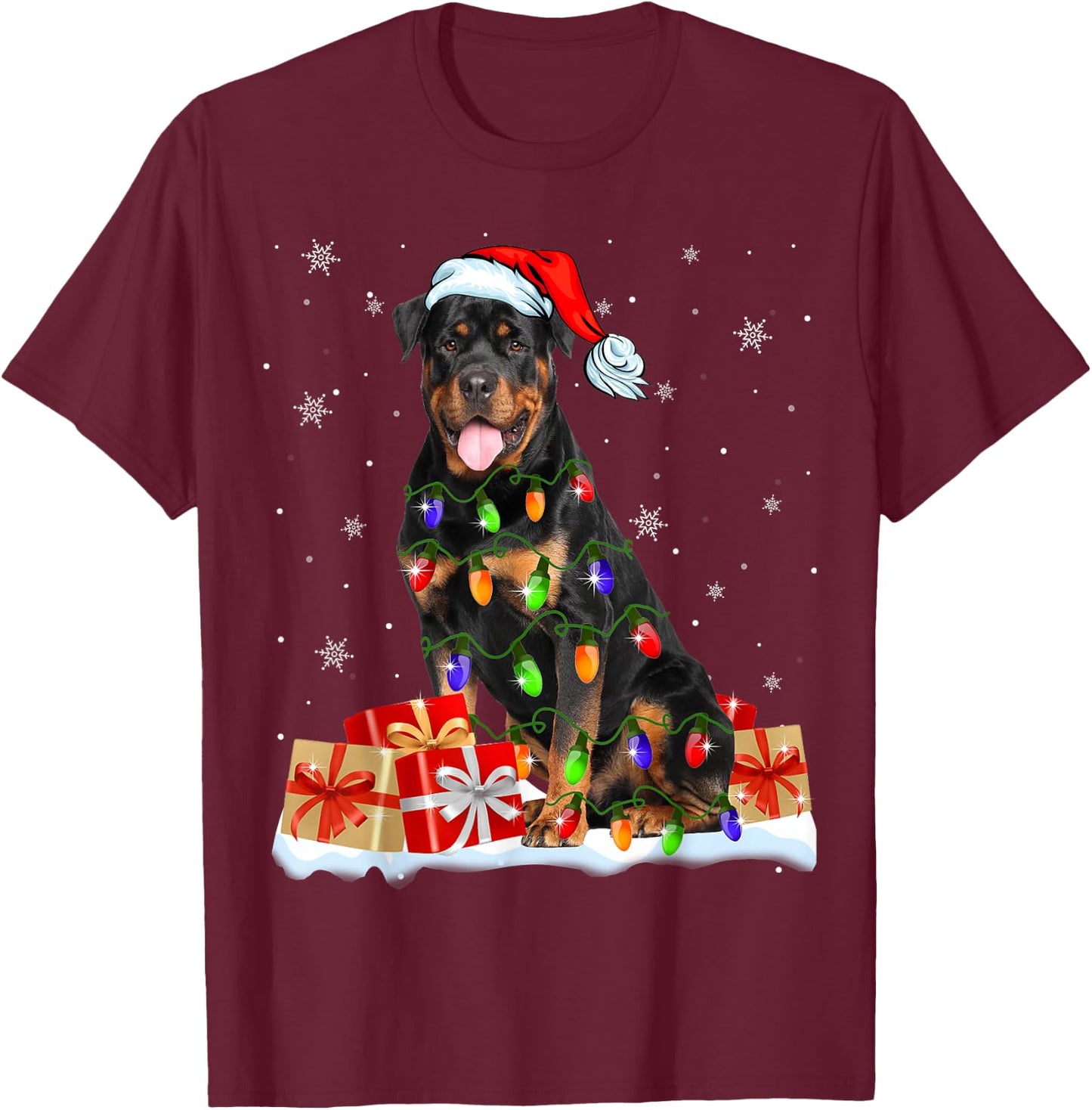 Rottweiler Santa Christmas Tree Light Xmas Puggy Lover Gifts T-Shirt - T-Shirt | Maroon