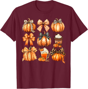 Retro Thanksgiving Pumpkin Coquette Bow Pumpkin Spice Plaid T-Shirt - T-Shirt | Maroon