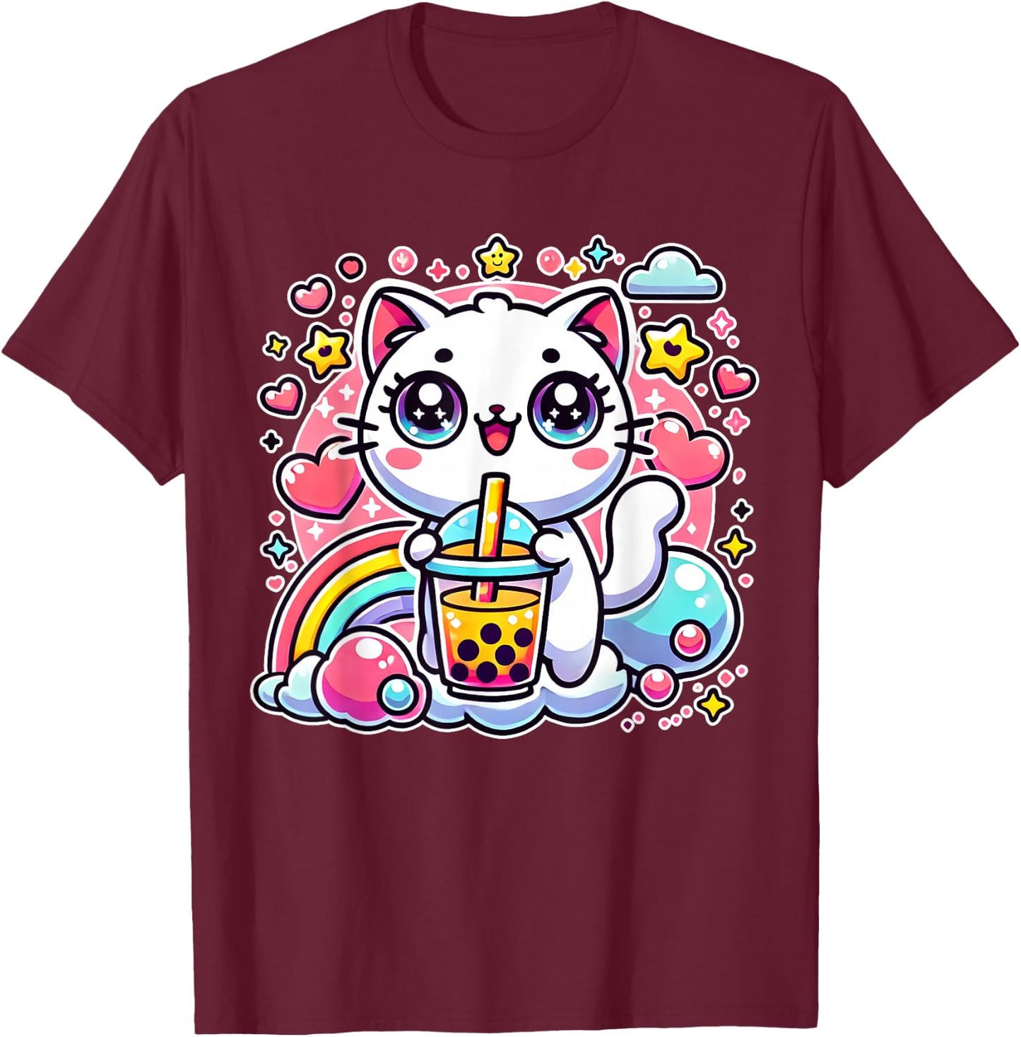 Cute Cat Boba Tea Bubble Tea Anime Kawaii Neko Gift T-Shirt - T-Shirt | Maroon