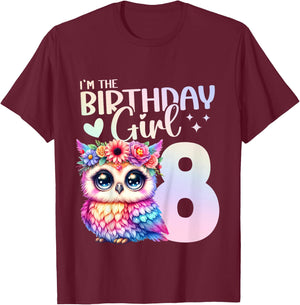 8th Birthday Owl 8 Years Eight Finally 8 Birthday Girl T-Shirt - T-Shirt | Maroon