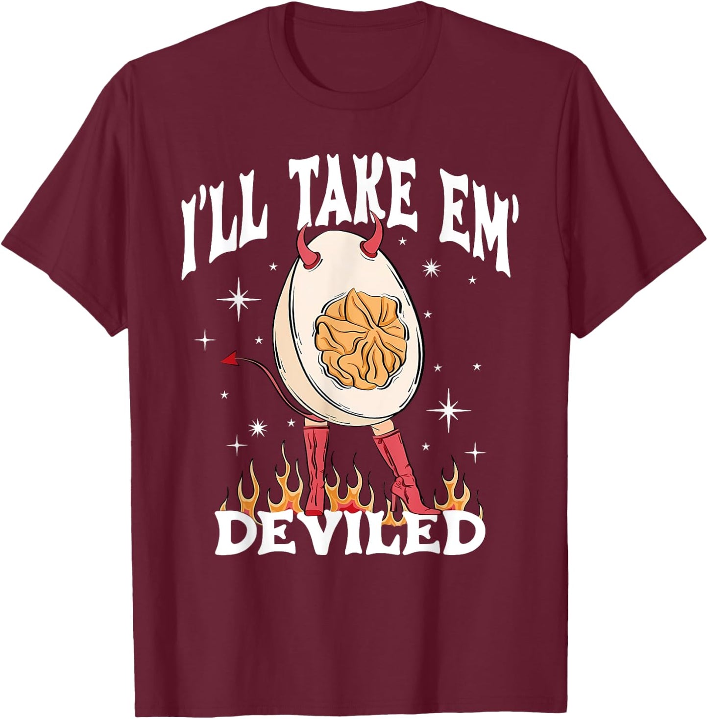 I'll Take Em' Deviled Eggs Retro Halloween - -Adults, Black, Small, Short Sleeve T-Shirt - T-Shirt | Maroon