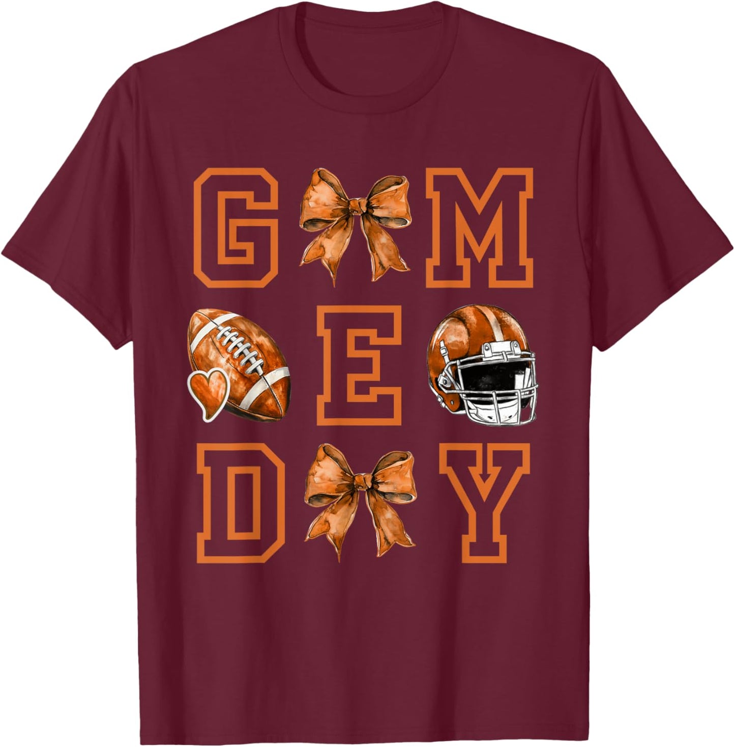 Autumn Coquette Bow Game Day American Football Player Coach T-Shirt - T-Shirt | Maroon