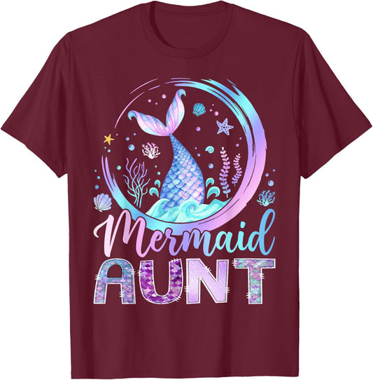 Mermaid Aunt Funny Birthday Girl Party Family Matching T-Shirt - T-Shirt | Maroon