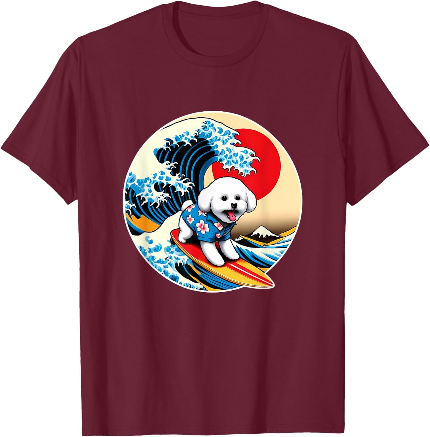 Great Wave Kanagawa Bichon Frise Dog Surfing T-Shirt - T-Shirt | Maroon