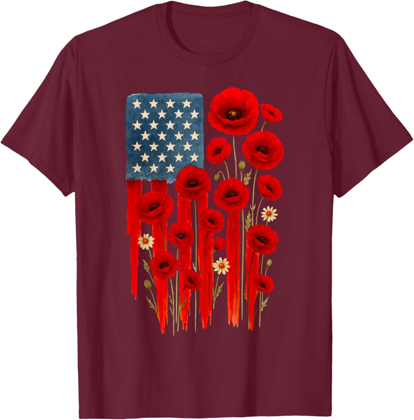 Poppy Flower Veterans Day USA Flag Memorial Day 4TH Of July T-Shirt - T-Shirt | Maroon