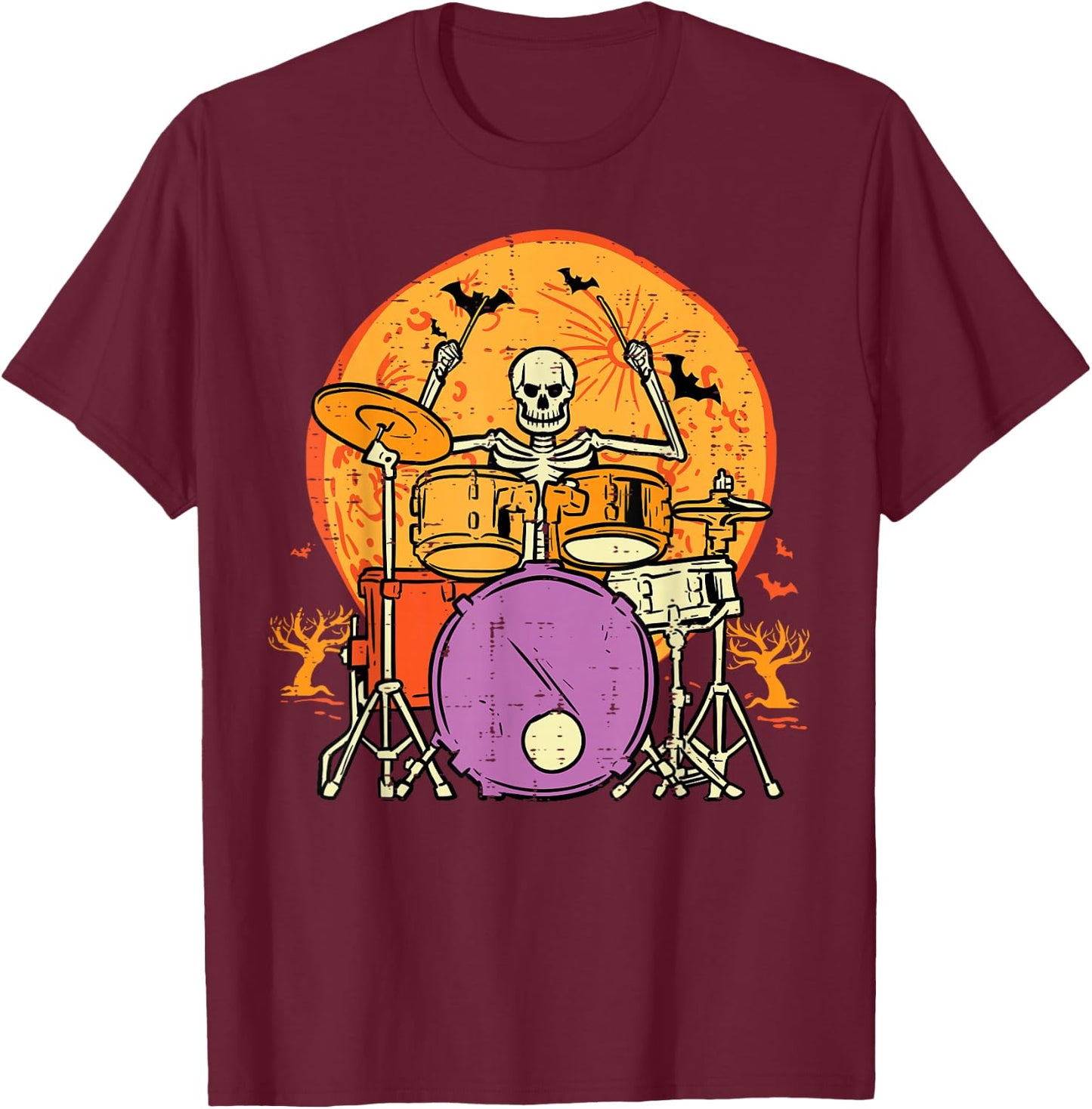 Halloween Skeleton Drummer Costume Rock Rocker Men Boys Kids T-Shirt - T-Shirt | Maroon