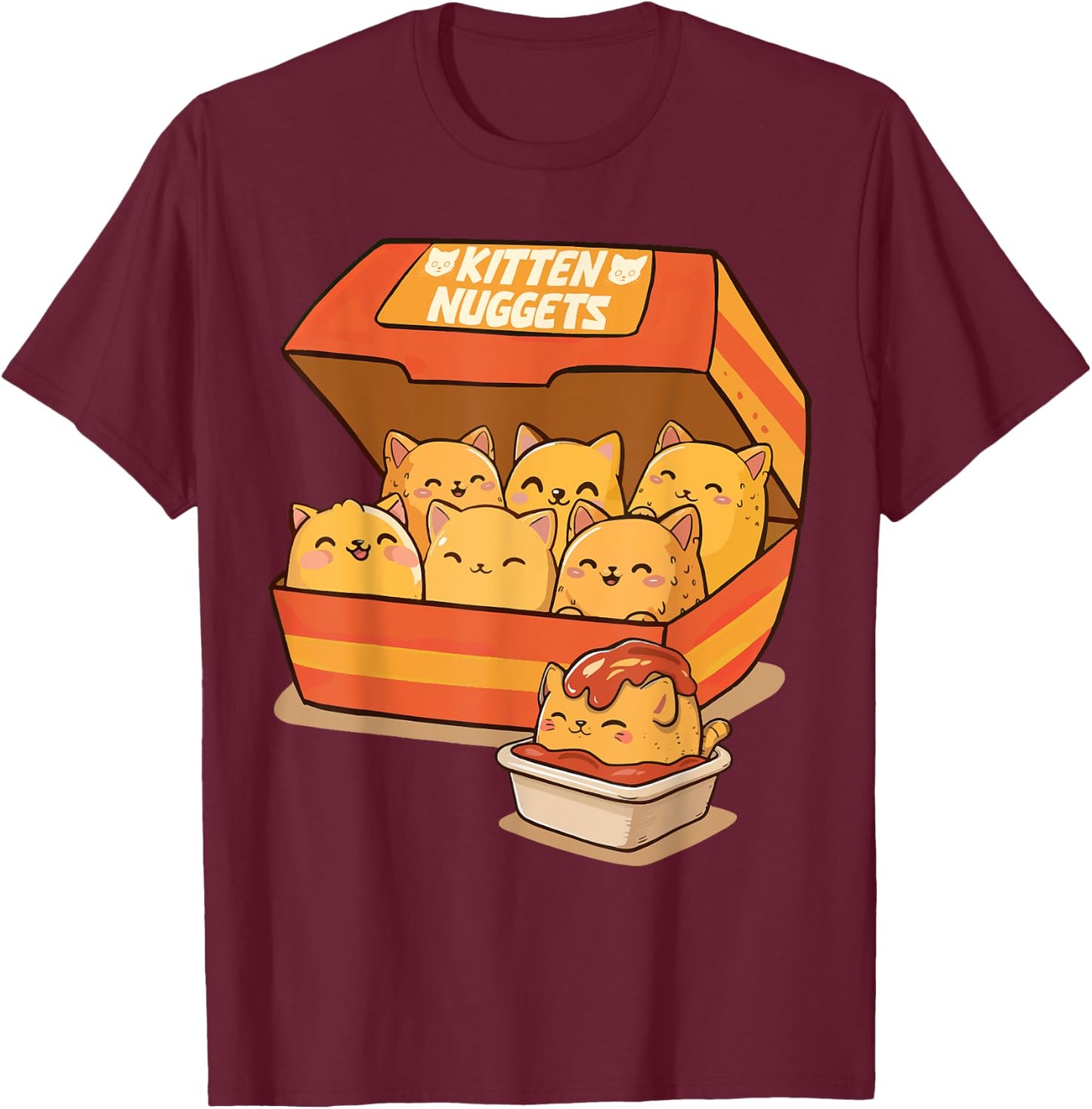 Cat Lover Fast Food Chicken Nuggets Cat Foodie Kitten Nuggets - -Adults & Kids - Black - Small - Short Sleeve - Cat Themed T-Shirt - T-Shirt | Maroon