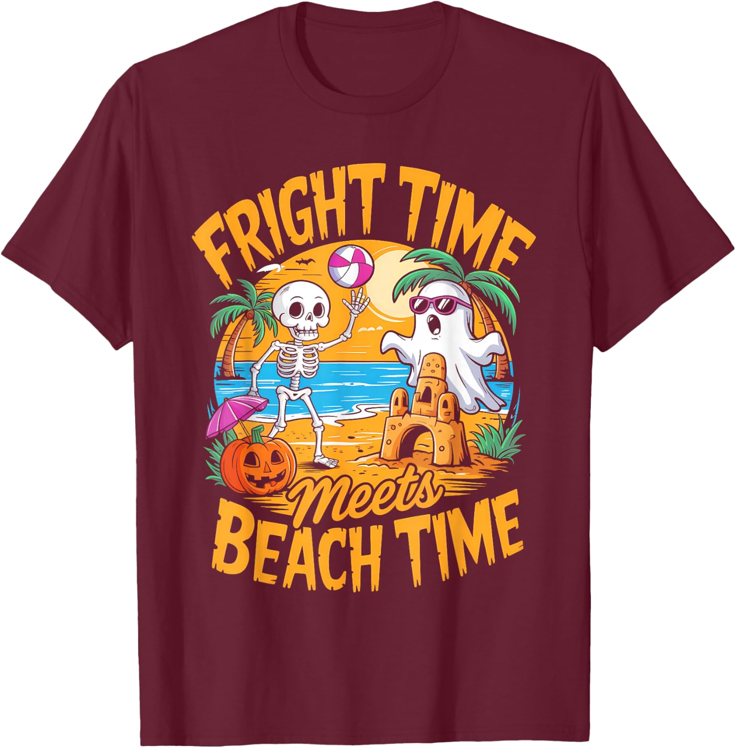 Cute Summerween Ghost Funny Beach Halloween T-Shirt - T-Shirt | Maroon