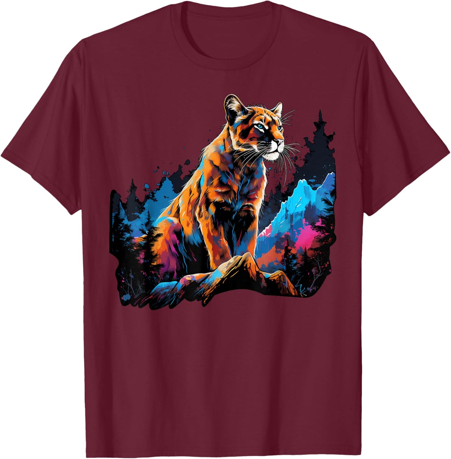 Cool Lion Cougar on colorful painted Mountain Lion Cougar T-Shirt - T-Shirt | Maroon
