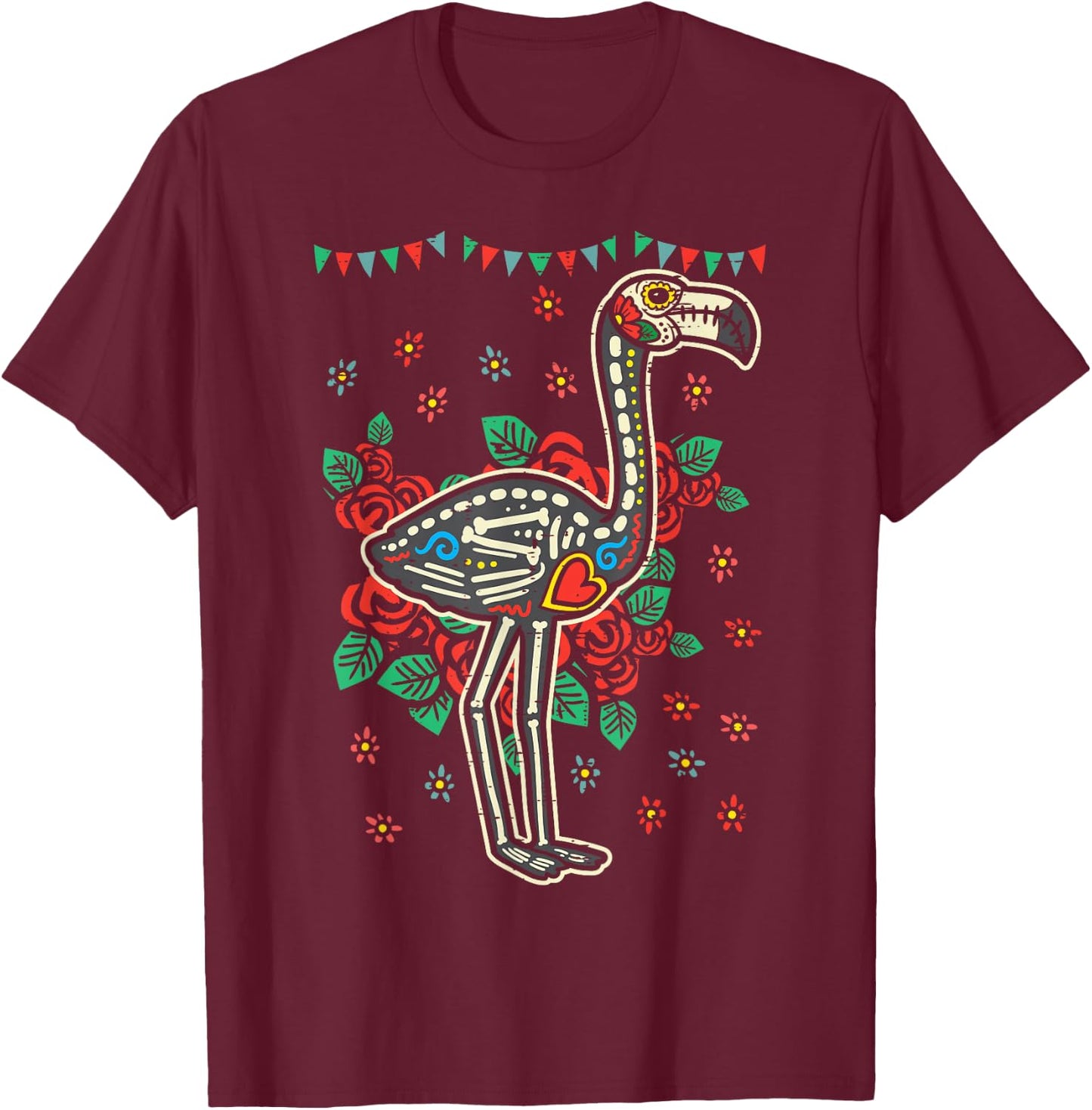 Sugar Skull Flamingo Dia De Muertos Mexican Halloween Bird T-Shirt - T-Shirt | Maroon