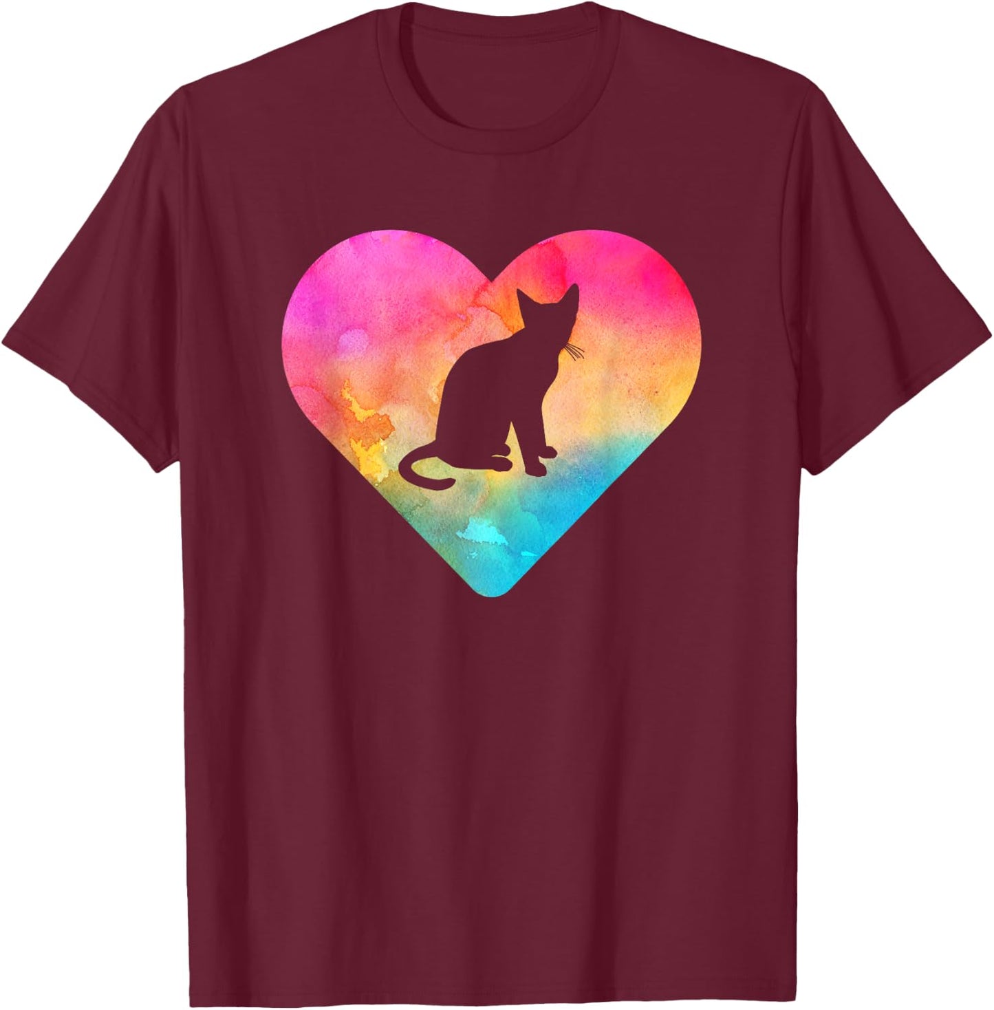 Women or Girls Cat Tie Dye Watercolor T-Shirt - T-Shirt | Maroon