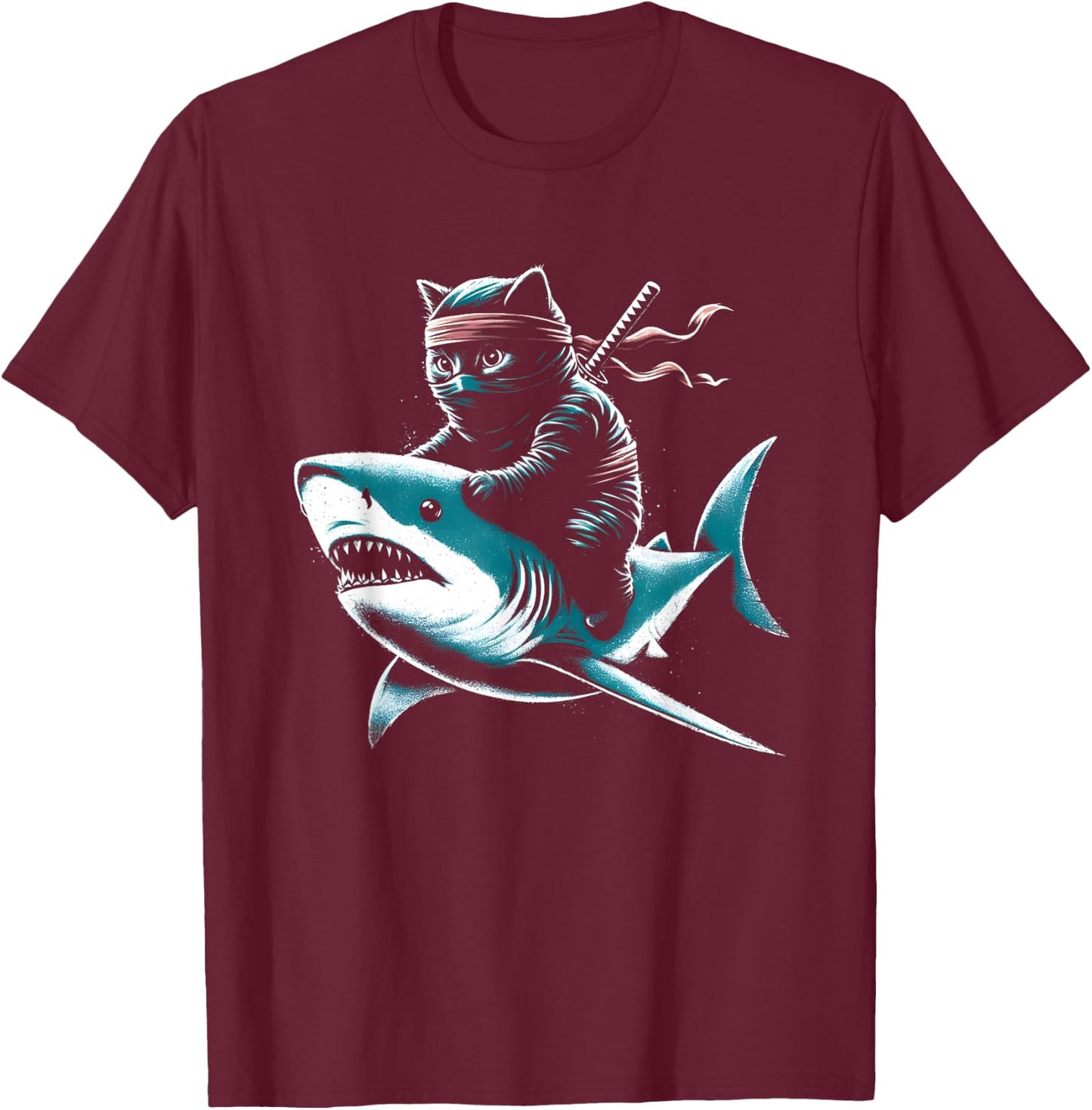 Ninja Cat Riding Shark - Funny Graphic Cat Kitten Lover Women Kids T-Shirt - T-Shirt | Maroon