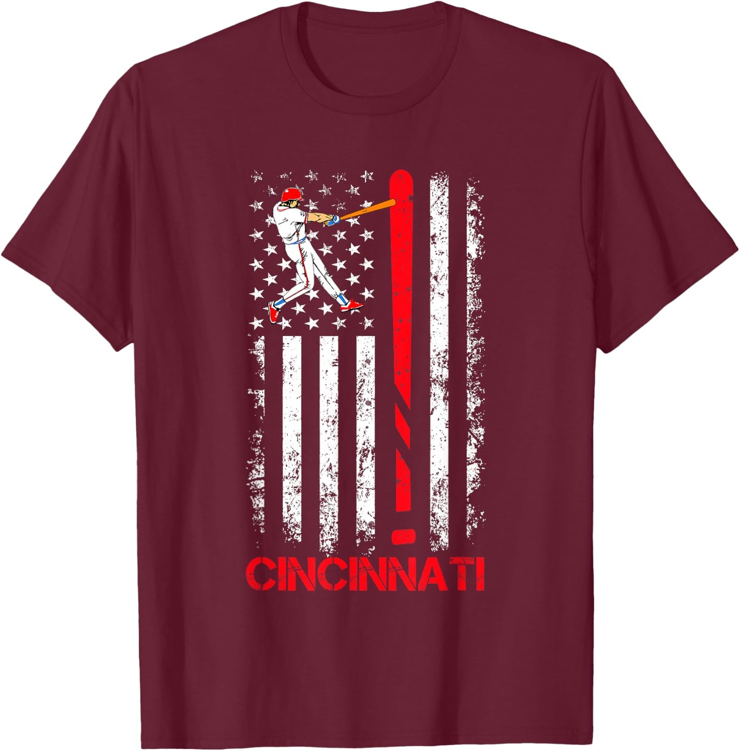 Vintage Cincinnati Baseball American US Flag Premium T-Shirt - T-Shirt | Maroon