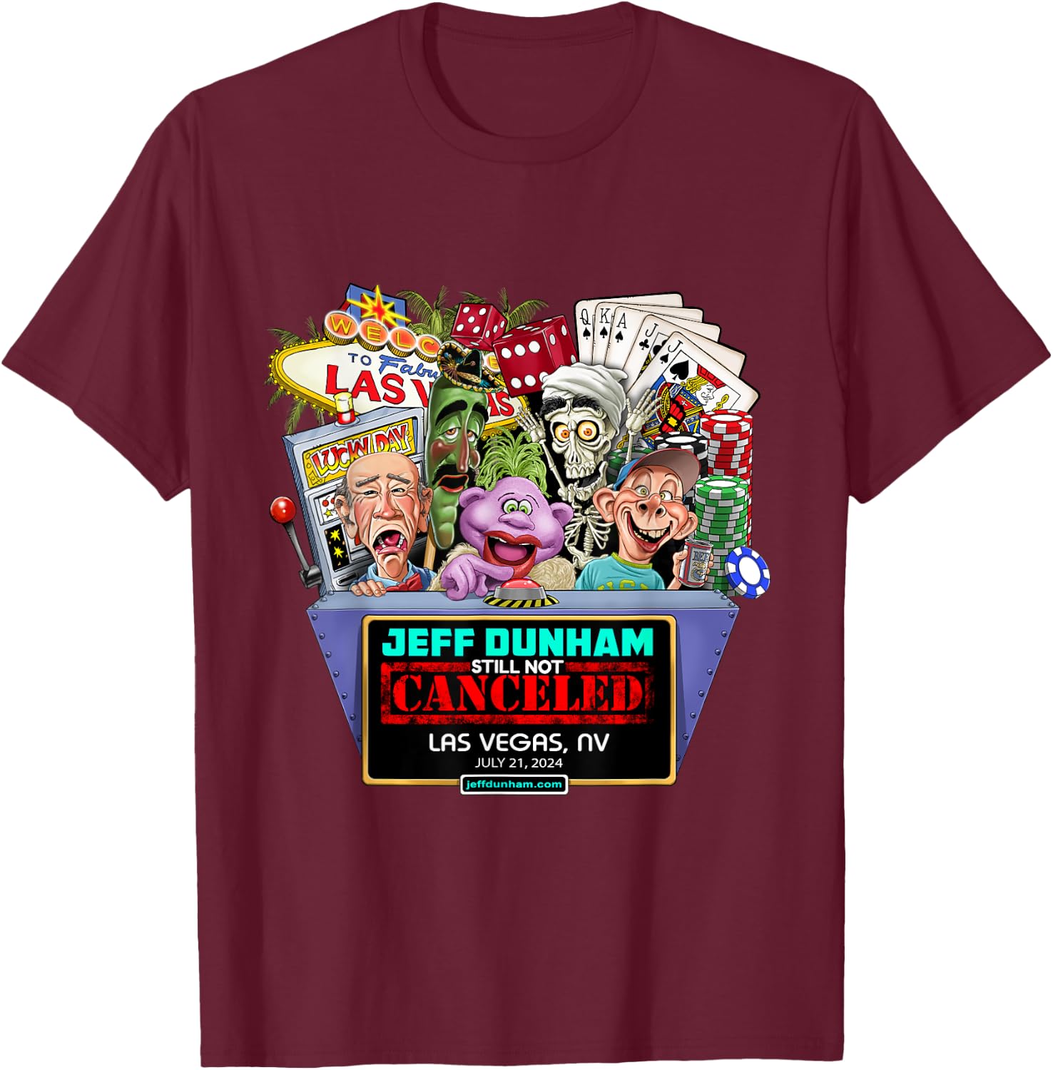 Jeff Dunham Las Vegas, NV (2024) T-Shirt - T-Shirt | Maroon