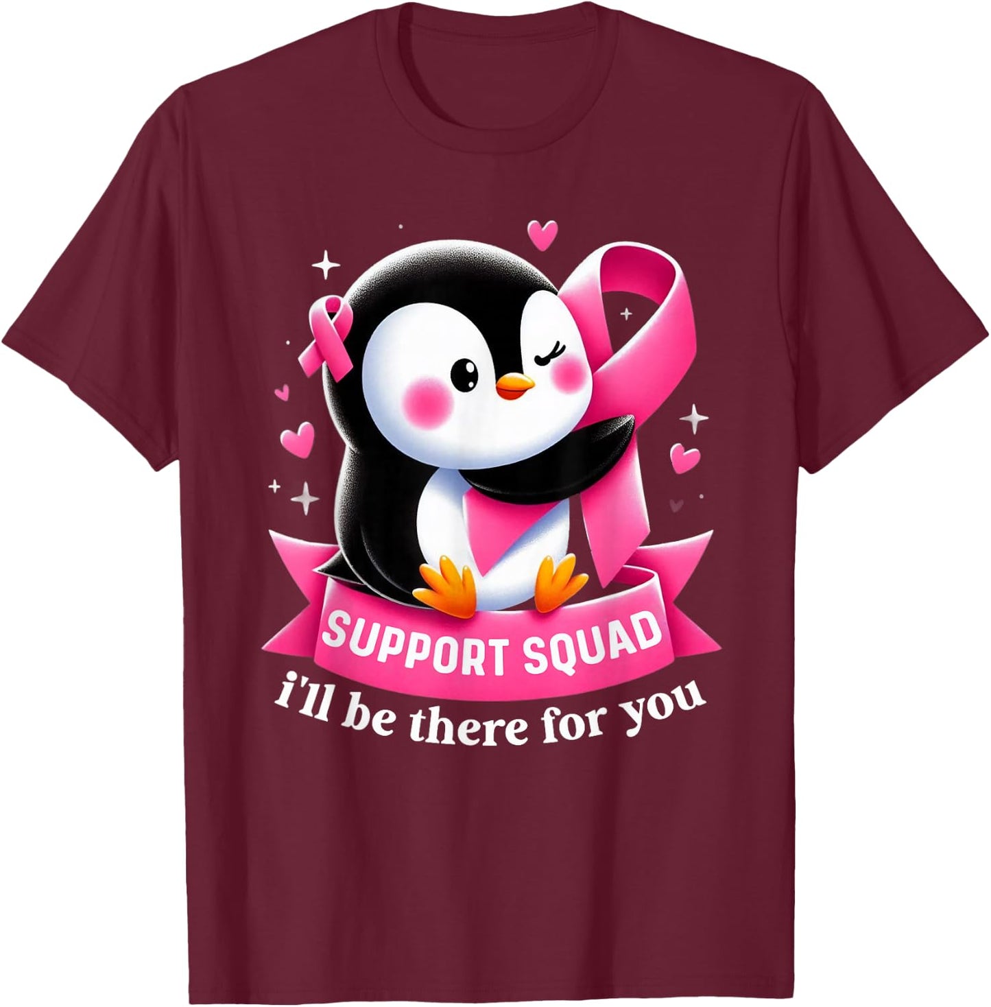 Support Squad Penguin Breast Cancer Awareness Pink Ribbon T-Shirt - T-Shirt | Maroon