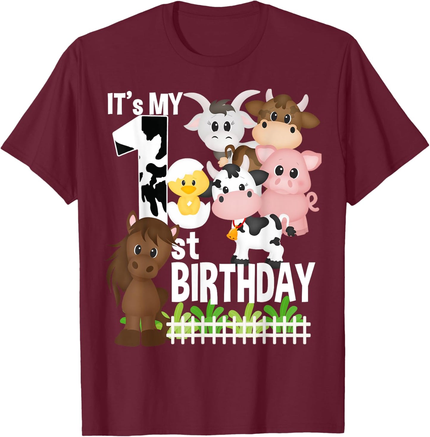 It's My 1st Birthday Party Farm Animals Barnyard Theme Bday T-Shirt - T-Shirt | Maroon