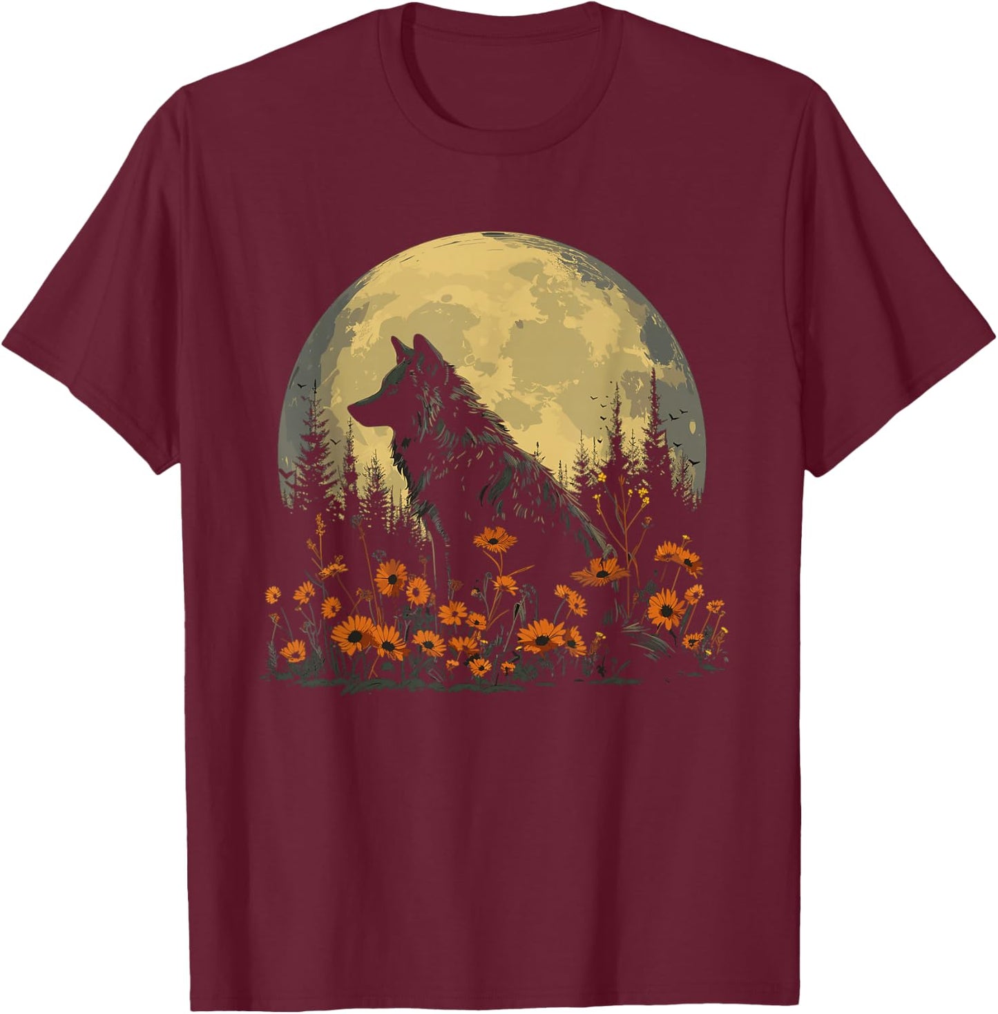 Wolf Floral Full Moon Wolves Flowers T-Shirt - T-Shirt | Maroon